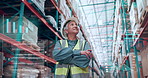 Hologram, shipping and woman in warehouse with statistics for logistics, supply chain or quality control. Arms crossed, graphs and thinking with employee in factory for delivery goals or technology