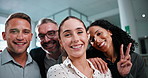 Selfie, face or friends in agency with peace sign, memory capture or happy moment with bonding. POV, diverse team and employees with emoji, digital memories or connection with social media post.