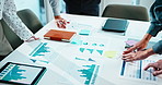 Meeting, graphs and paperwork in office with business people for company profit, revenue and pitch. Documents, charts and financial manager with team for investment discussion, budget or planning