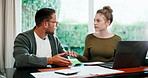 Talking, finance and couple with paperwork, laptop and budget planning for mortgage in home. Marriage, conversation and people argue for expenses, debt and mistake on financial report, tax or bills