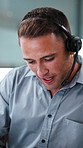 Consulting, man and happy with headset in call center for debt review, customer service or loan FAQ. Financial advisor, consultant and laughing with mic for insurance claim, explain policy and advice