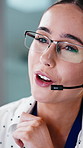 Consulting, woman and happy with mic in call center for debt review, customer service or loan FAQ. Financial advisor, consultant and glasses reflection for insurance claim, explain policy and advice