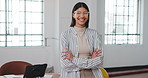 Arms crossed, laugh and face of business woman in office for about us, advertising strategist and pride. Happy, growth marketing manager and opportunity with employee in creative agency for startup