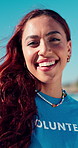 Happy, woman and face of volunteer outdoor with confidence for nonprofit or community service. Smile, about us and portrait of NGO worker with pride for outreach program or social responsibility.
