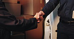 Handshake, boxes and deliveryman with client by van for supply chain, distribution or cargo. Cardboard parcel, shipping and logistics worker shaking hands with customer for order by transport.