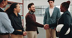 Smile, people and architect at site with handshake, welcome and client introduction for construction. Happy, team and shaking hands with applause, onboarding and partnership for building development