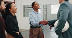 Happy, people and architect at site with handshake, welcome and b2b agreement for construction. Smile, woman and shaking hands with team, applause and onboarding partnership for building development