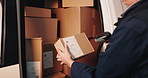 Scanner, package and hands of deliveryman by van for pricing, barcode or logistics information. Supply chain, cardboard boxes and employee with parcel for courier, distribution or cargo shipping.