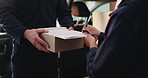 Hands, courier and customer with clipboard for signature, compliance and proof of shipment. Delivery man service, worker and person with safety approval for package, distribution or checklist for box