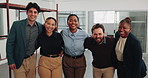 Happy, team and face of business people in office with confidence for finance career together. Smile, about us and portrait of financial advisors with manager for pride in collaboration at workplace.