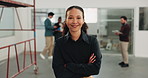 Crossed arms, smile and face of businesswoman in office with confidence for creative career. Happy, about us and portrait of magazine editor with pride for job opportunity at startup in workplace.