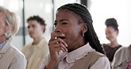 Yawn, tired and businesswoman in office for meeting, presentation or conference with fatigue. Seminar, bored and mature employee with team for training with exhaustion or burnout in workplace.