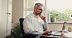Thinking, laptop and business man in home office for finance report, research and investment review. Remote work, wfh and mature person on computer for financial proposal, budget planning and audit