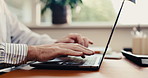 Typing, laptop and hands of businessman for finance report, research and investment review. Remote work, home office and person on computer for financial proposal, budget planning and online audit
