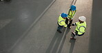 Architect, success and handshake with people in meeting, agreement and talking on construction site. Civil engineering, space and shaking hands with colleagues, above and happy team in building