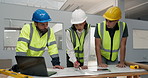 Blueprint, team and discussion with engineers at construction site for development strategy. Document, people and planning with building design for review, problem solving and layout evaluation