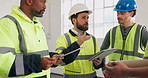 Engineer, group or meeting at worksite with tablet, planning tasks or evaluation for maintenance. Men, app or construction workers on site with tech, strategy or schedule update for team productivity