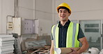 Construction, face and engineer on site with blueprint, contractor and pride in remodeling career. Building, portrait and happy man with document, architect and confidence in renovation profession.