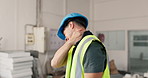 Man, architect and neck pain with injury on construction site for building accident or discomfort. Male person, sore shoulder or ache with stress for architecture mistake, pressure or muscle tension