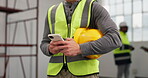 Construction, texting or hands on site with phone, task brief or inspection report in online chat. Typing, man or engineer with hardhat, project instruction or operations schedule on digital platform