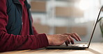 Hands, typing and laptop in distribution office, shipping website or delivery with email feedback. Person, computer and writing reply on courier app, blog or logistics information, online and review