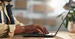 Hands, typing and laptop with logistics startup, shipping website or delivery email feedback. Person, computer and writing newsletter for courier app, blog or distribution info, report or review