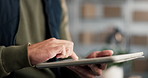 Hands, typing and tablet at logistics office, shipping website or delivery email feedback. Person, technology and writing newsletter for courier app, blog or distribution info, report or review