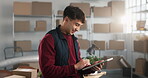 Logistics, tablet and typing with man for distribution, smile or ecommerce app for shipping parcel. Male person, technology and happy by shelves for storage, stockroom and search on supplier database