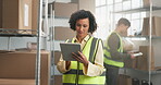 Logistics, tablet and woman with boxes for distribution, stocktake or shipping parcel. Female person, technology and team by shelves for storage, inventory count and search on supplier database
