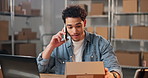 Laptop, phone call and man with box for shipping order, address confirmation or communication. Tech, talk and happy person with package for logistics info, delivery schedule and typing in office