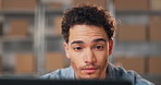 Man, laptop and reading at logistics office, shipping website or email with surprise delivery feedback. Person, computer and newsletter for courier app, distribution info or reaction to online review