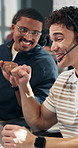 Agent, men or fist bump in call center for success, client renewal or QA audit pass in telesales. Coworking, tech or happy consultant with celebration, sales conversion or commission in telemarketing