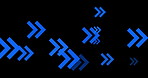 Digital, arrows and animation on black background for direction, network speed and AI optimization. Icon, movement and signal for internet latency, fast online transfer and graphic for efficiency.