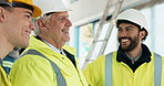 Architect, team or meeting with smile for construction planning, maintenance or building inspection. Male people, civil engineer or group of happy contractors for maintenance or safety check together
