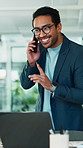 Phone call, laptop and businessman in office with contact for feedback on investment deal. Cellphone, tech and financial manager on mobile discussion for update on finance negotiation in workplace.