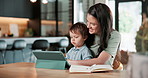 Childcare, home and mom with tablet, remote work and happy woman with son or multitask with project. Freelancer, online and person with toddler, family embrace and assignment with technology in house