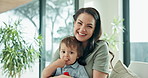 Love, mother and toddler in lounge with portrait, parent hug and bonding together on weekend break. Security, mom and child in house with day off, connection or family embrace in happy relationship.