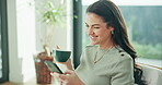 Coffee, woman and laugh with phone in home for dating app, funny notification and profile match. Drink, happy person and scroll on mobile in house for account update, message response and online joke