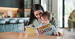 Book, reading and mom with child in home for education, bonding or family connection on weekend. Happy, love and mother with boy toddler on sofa for story time together in living room at apartment.