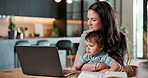 Childcare, home and mom with laptop, remote work and happy woman with son or multitask with project. Freelancer, online and person with toddler, family embrace and assignment with technology in house