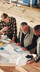 Blueprint, team and carpentry supervisor with tablet, project briefing or CAD review for assembly. Tech screen, above and men with manager for design planning, scaling or joinery workflow in workshop