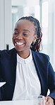 Job interview, meeting and happy woman with cv in business, recruitment or explaining qualifications. Company, vacancy and black person with resume for career opportunity, talking and hiring process
