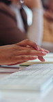 Hands, people and typing on laptop in office for writing news article, publication or coworking. Staff, journalist group and tech at publishing agency for submission draft, editor feedback or editing