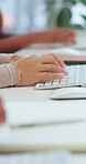 Hands, people and typing on laptop at desk for writing news article, publication and coworking. Staff, journalist group and tech at publishing agency for submission draft, editor feedback and editing