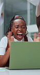 Laptop, women and applause with documents in office, celebration or excited for financial milestone. Computer, team or clap for success, high five or fist pump for investment reward with paper in air