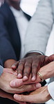 Office, team building and business people with hands together in collaboration, support and goals. Stack, mission and group circle with startup, solidarity and celebration of partnership success
