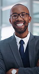 Arms crossed, face and laughing with black man in lawyer office for legal council or representation. Portrait, legislation and confident attorney in law firm agency for court case, hearing or trial