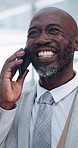Black man, smile and business with phone call in office for investment feedback, deal or proposal. Mature account manager, financial news or speaking to client for corporate negotiation or update