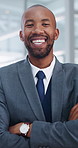 Lawyer, black man and face with arms crossed in office for legal council, laugh and representation. Portrait, legislation and confident attorney in law firm agency for court case, hearing or trial