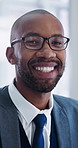 Attorney, black man and face with laugh for legal council, advocate and representation in office. Portrait, legislation and confident lawyer at law firm agency for court case, hearing or trial